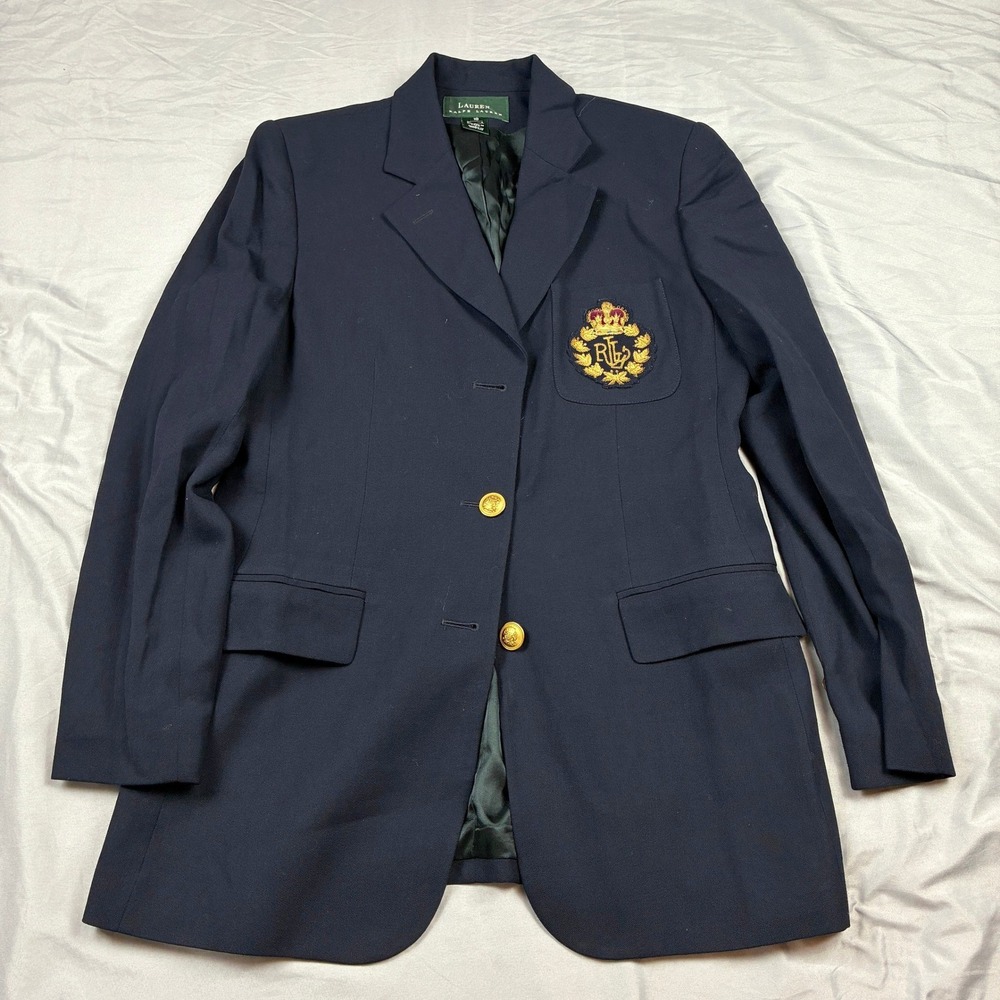Lauren Ralph Lauren Blazer Women 10 Navy Blue Crown Crest Preppy Classic VTG - Picture 2 of 13